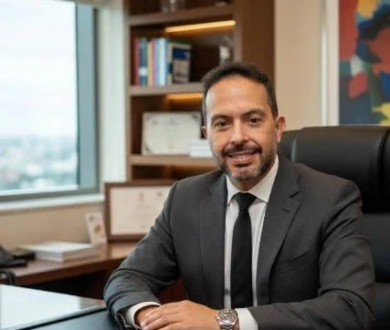 Dr. Luciano Morais, de terno, no consultório